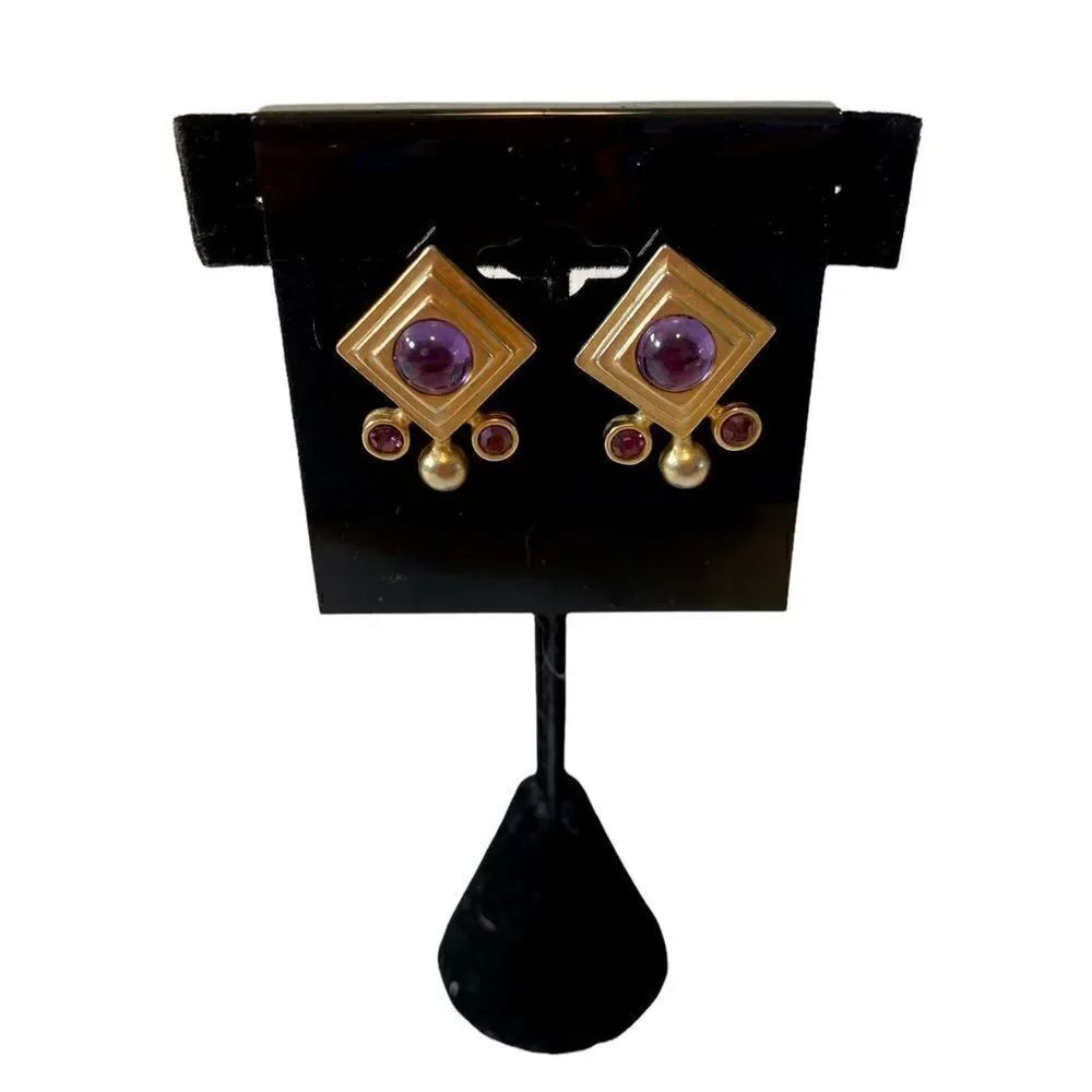 Vintage Diamond Shaped Antiqued Gold Tone Earrings w/ Purple Center Stone.